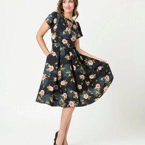 Unique Vintage Dahlia Black Pink Floral Swing Dress XL Retro Belted
